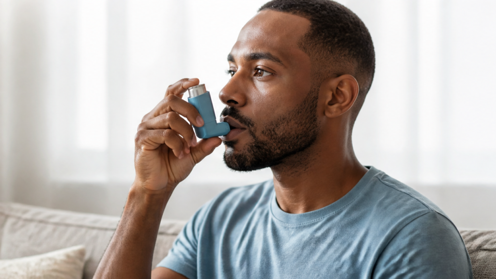 Person using an asthma inhaler