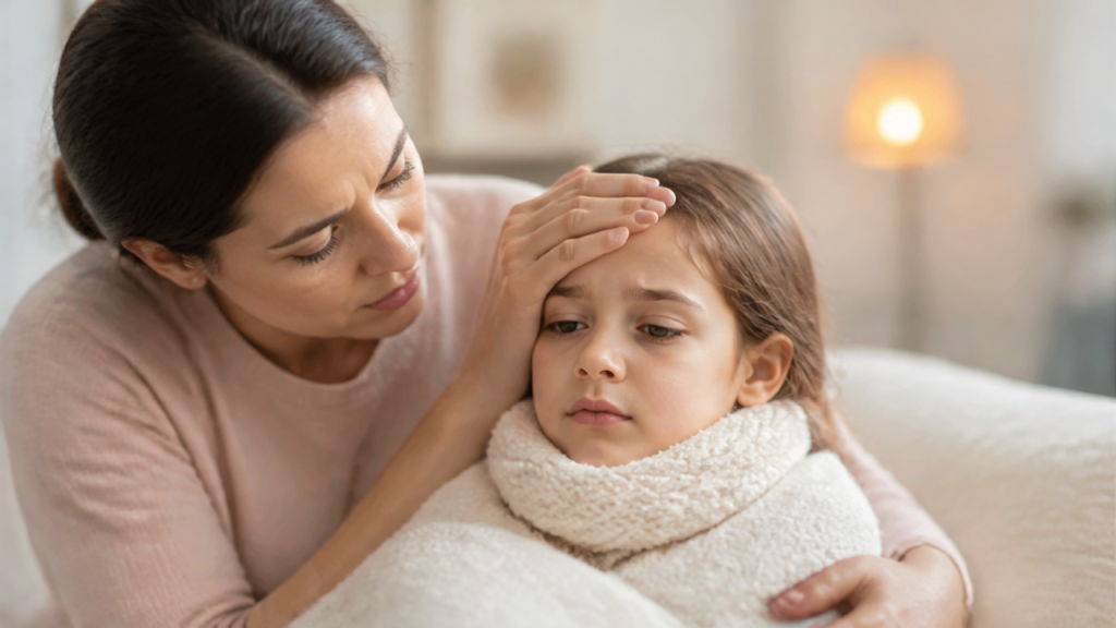 Mother comforting sick child