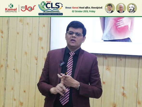 Dr. Shoaib Sabir lecturing at the Kamal Continued Lecture Series, Kamal Laboratories head office, Rawalpindi, 2 October 2026